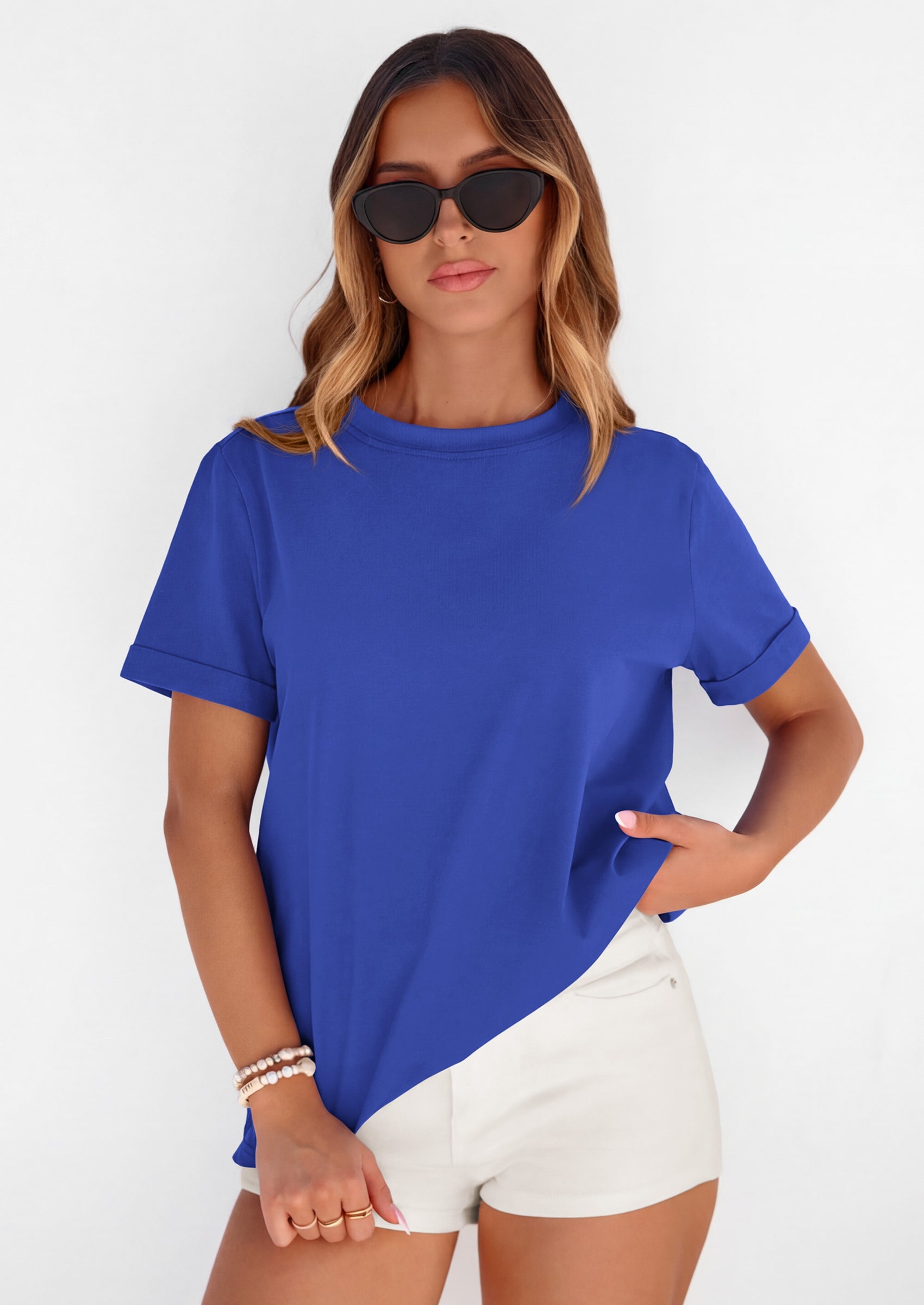 PRETTYGARDEN Womens Summer Tops Spring Casual Rolled Short Sleeve Basic Tees Crew Neck Work Shirts Fashion Clothing PRETTYGARDEN