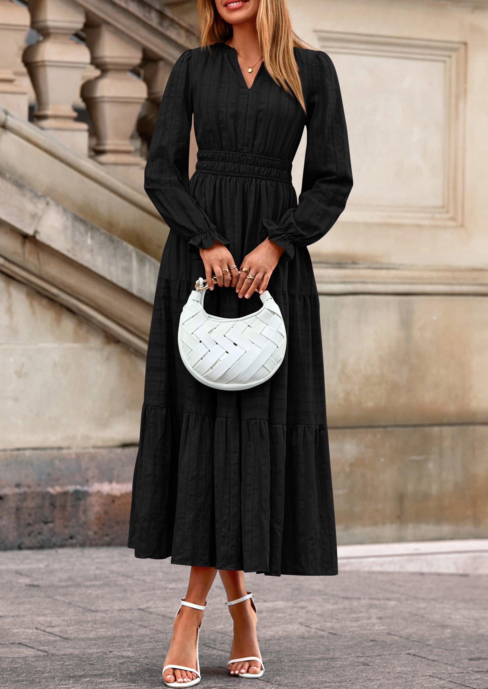 PRETTYGARDEN Women's Fall Wedding Guest Dresses Long Sleeve V Neck Flowy Elegant Holiday Party Maxi Dress with Pockets