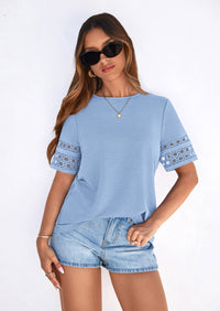 PRETTYGARDEN Summer Tops for Women Lace Short Sleeve T-Shirts Casual Blouses Spring Fashion Clothes Vacation Outfits PRETTYGARDEN