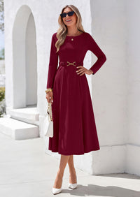 PRETTYGARDEN Women's Fall Long Sleeve Semi Formal Midi Dresses with Pockets Boat Neck, Metal Buckle Tie Waist, Flowy A Line, Elegant Classy Wedding Guest Cocktail Party Dress, Business Casual Outfits