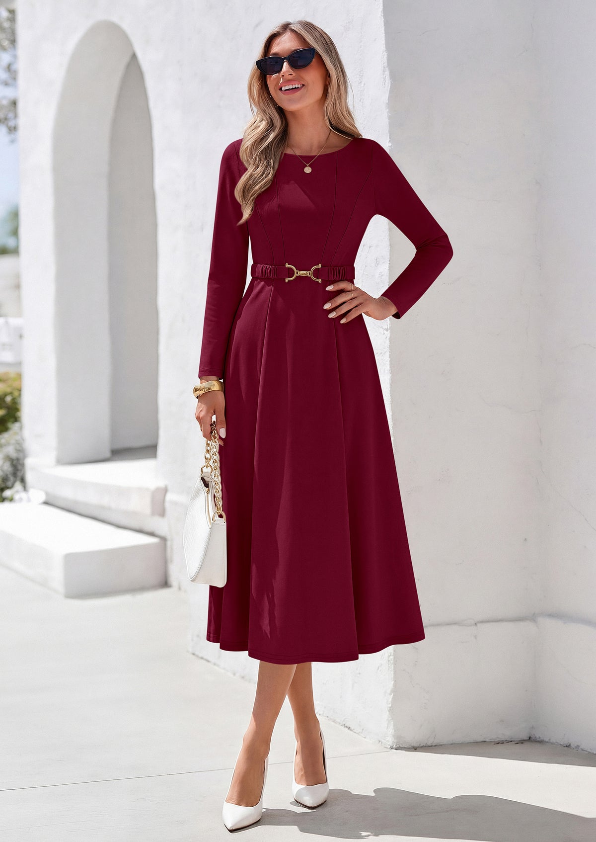 PRETTYGARDEN Women's Fall Long Sleeve Semi Formal Midi Dresses with Pockets Boat Neck, Metal Buckle Tie Waist, Flowy A Line, Elegant Classy Wedding Guest Cocktail Party Dress, Business Casual Outfits
