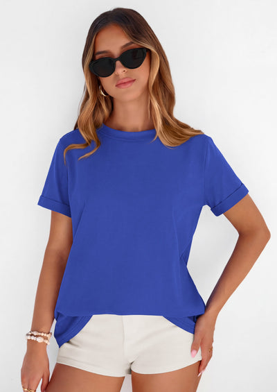 PRETTYGARDEN Womens Summer Tops Spring Casual Rolled Short Sleeve Basic Tees Crew Neck Work Shirts Fashion Clothing PRETTYGARDEN