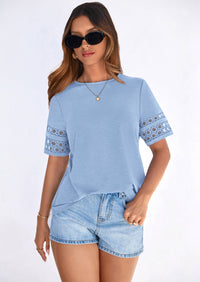 PRETTYGARDEN Summer Tops for Women Lace Short Sleeve T-Shirts Casual Blouses Spring Fashion Clothes Vacation Outfits PRETTYGARDEN