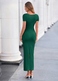PRETTYGARDEN Women's Ruched Maxi Dress Summer Short Sleeve Asymmetric Neck Back Slit Bodycon Cocktail Party Long Dresses