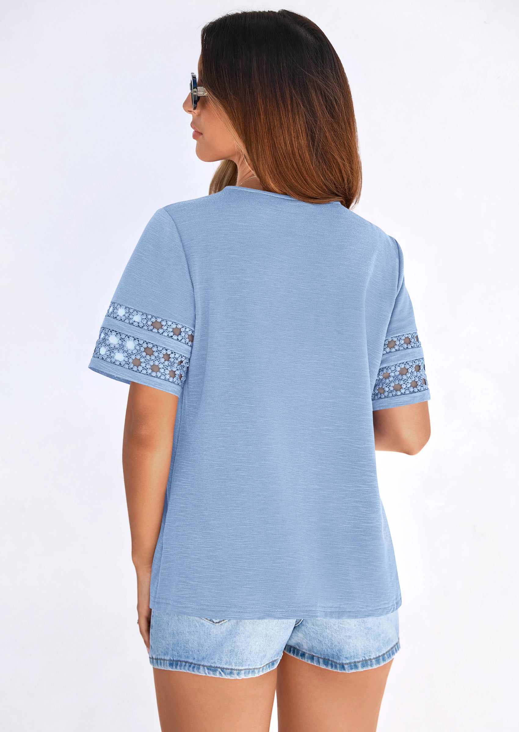 PRETTYGARDEN Summer Tops for Women Lace Short Sleeve T-Shirts Casual Blouses Spring Fashion Clothes Vacation Outfits PRETTYGARDEN