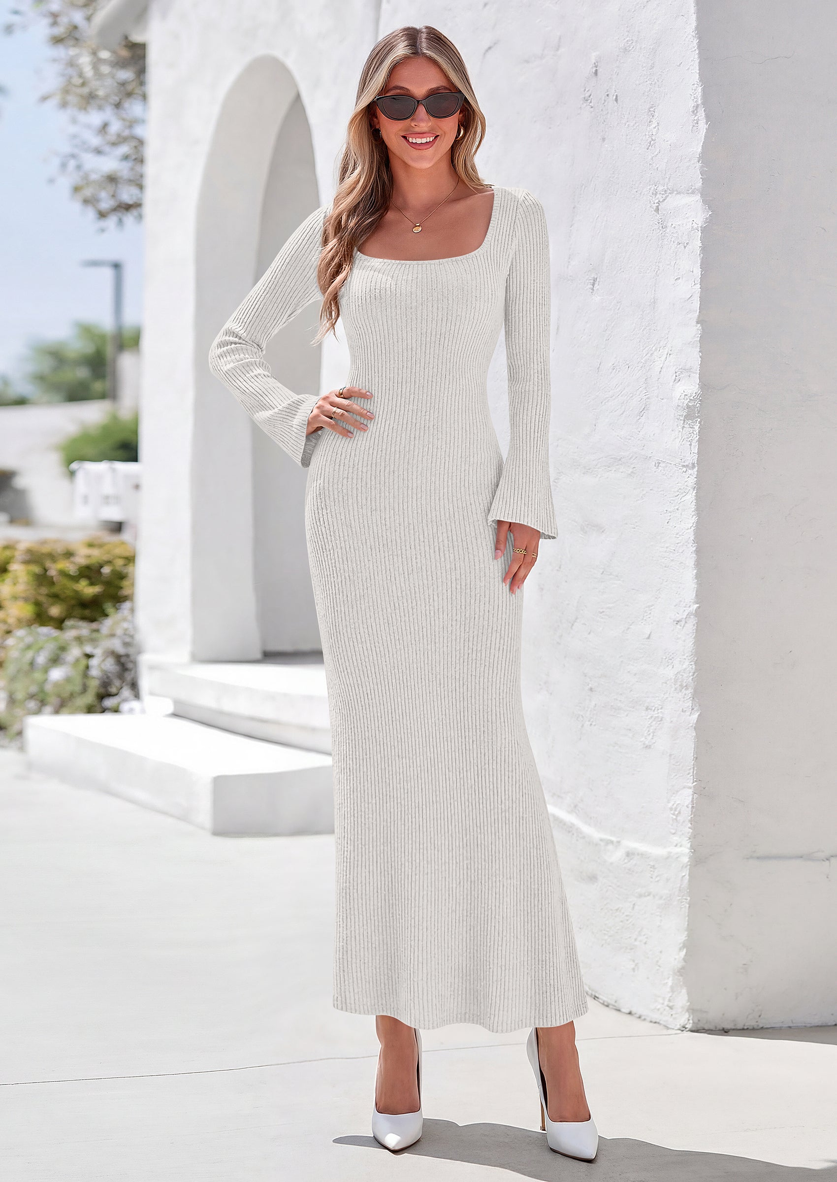 PRETTYGARDEN Women's Fall Long Sleeve Maxi Bodycon Dresses | Soft Stretchy Ribbed Knit, Bell Sleeve Square Neck Mermaid, Elegant Long Dress, Wedding Guest Party, 2026 Winter Clothing
