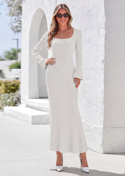 PRETTYGARDEN Women's Fall Long Sleeve Maxi Bodycon Dresses | Soft Stretchy Ribbed Knit, Bell Sleeve Square Neck Mermaid, Elegant Long Dress, Wedding Guest Party, 2026 Winter Clothing