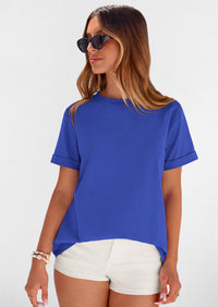 PRETTYGARDEN Womens Summer Tops Spring Casual Rolled Short Sleeve Basic Tees Crew Neck Work Shirts Fashion Clothing PRETTYGARDEN