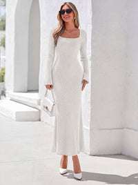 PRETTYGARDEN Women's Fall Long Sleeve Maxi Bodycon Dresses | Soft Stretchy Ribbed Knit, Bell Sleeve Square Neck Mermaid, Elegant Long Dress, Wedding Guest Party, 2026 Winter Clothing