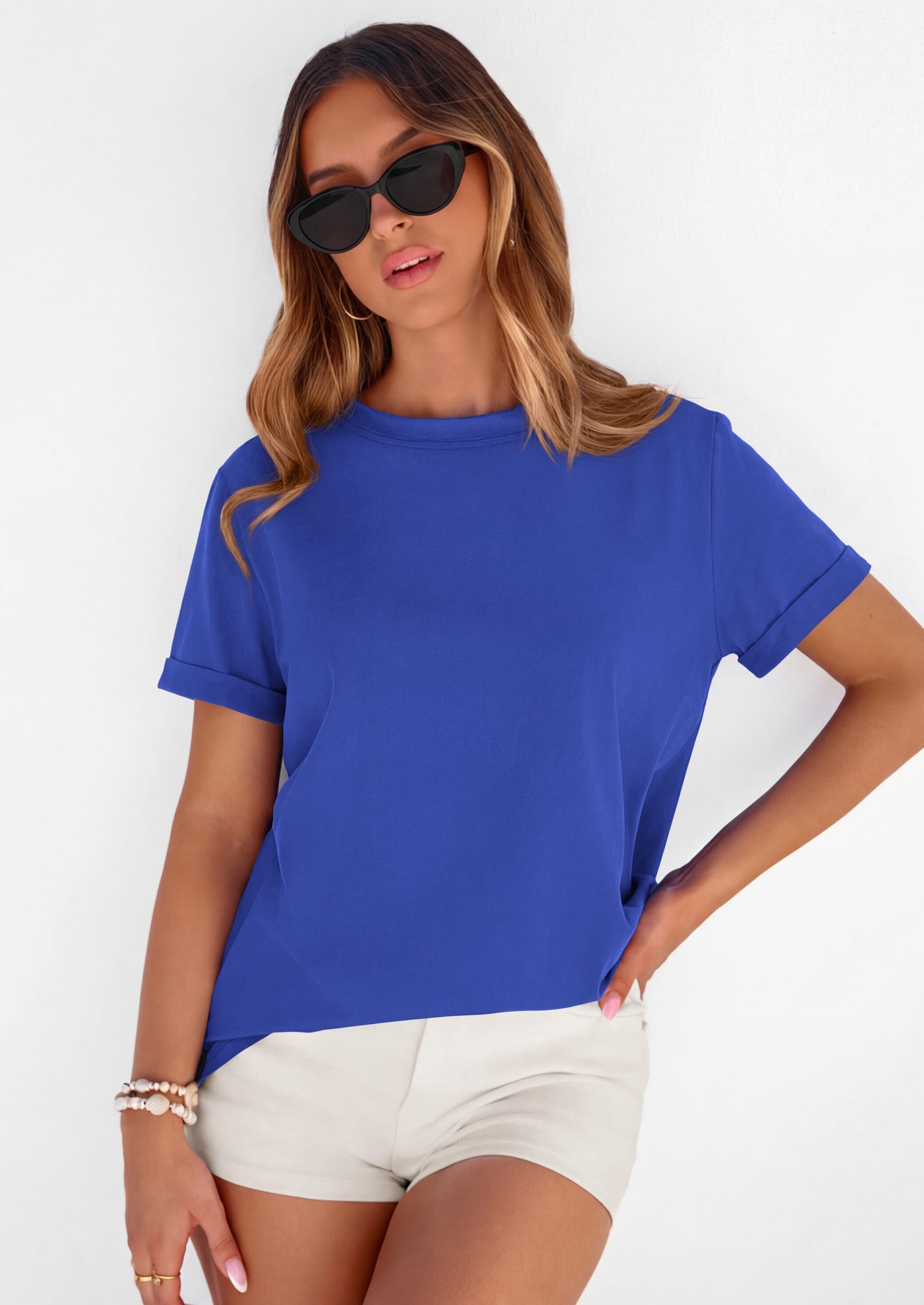 PRETTYGARDEN Womens Summer Tops Spring Casual Rolled Short Sleeve Basic Tees Crew Neck Work Shirts Fashion Clothing PRETTYGARDEN