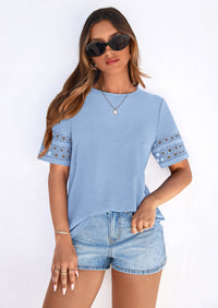 PRETTYGARDEN Summer Tops for Women Lace Short Sleeve T-Shirts Casual Blouses Spring Fashion Clothes Vacation Outfits PRETTYGARDEN