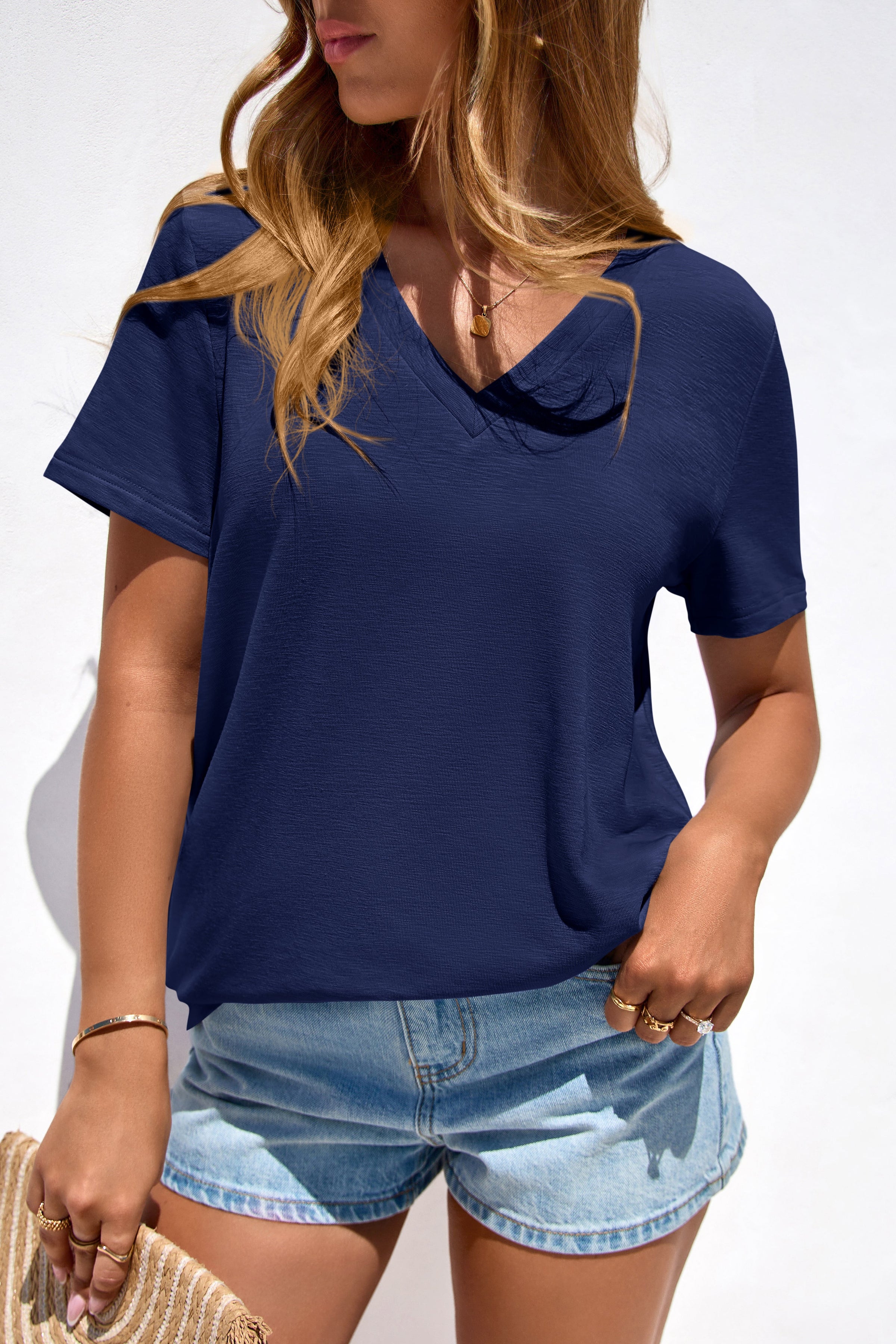 PRETTYGARDEN Women's V Neck T Shirts Summer Short Sleeve Spring Going Out Tops Casual Loose Fit Basic Tees Beach Clothes PRETTYGARDEN