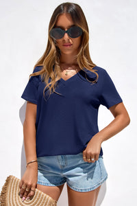 PRETTYGARDEN Women's V Neck T Shirts Summer Short Sleeve Spring Going Out Tops Casual Loose Fit Basic Tees Beach Clothes PRETTYGARDEN