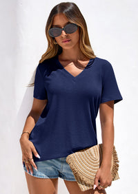 PRETTYGARDEN Women's V Neck T Shirts Summer Short Sleeve Spring Going Out Tops Casual Loose Fit Basic Tees Beach Clothes PRETTYGARDEN