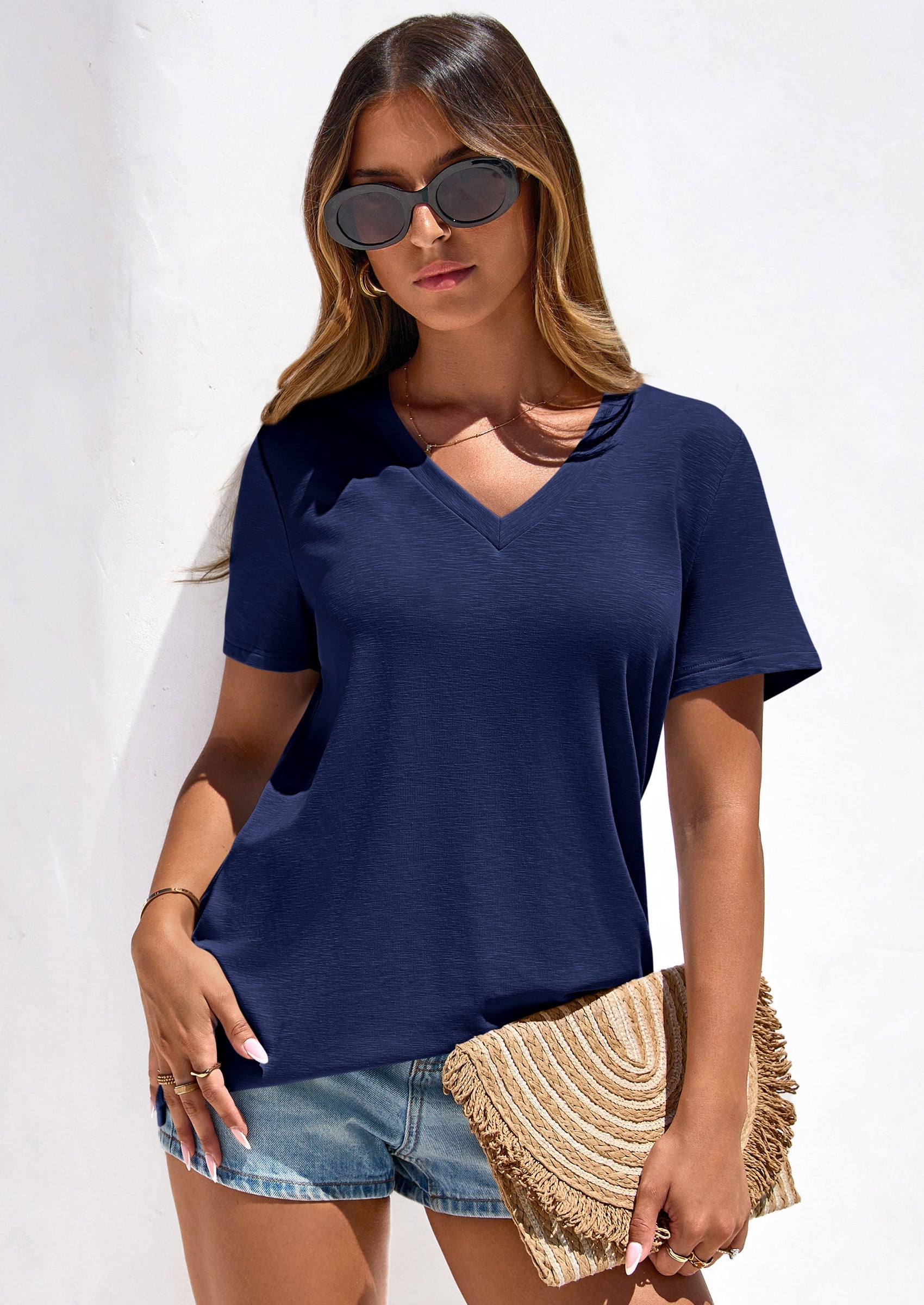 PRETTYGARDEN Women's V Neck T Shirts Summer Short Sleeve Spring Going Out Tops Casual Loose Fit Basic Tees Beach Clothes PRETTYGARDEN