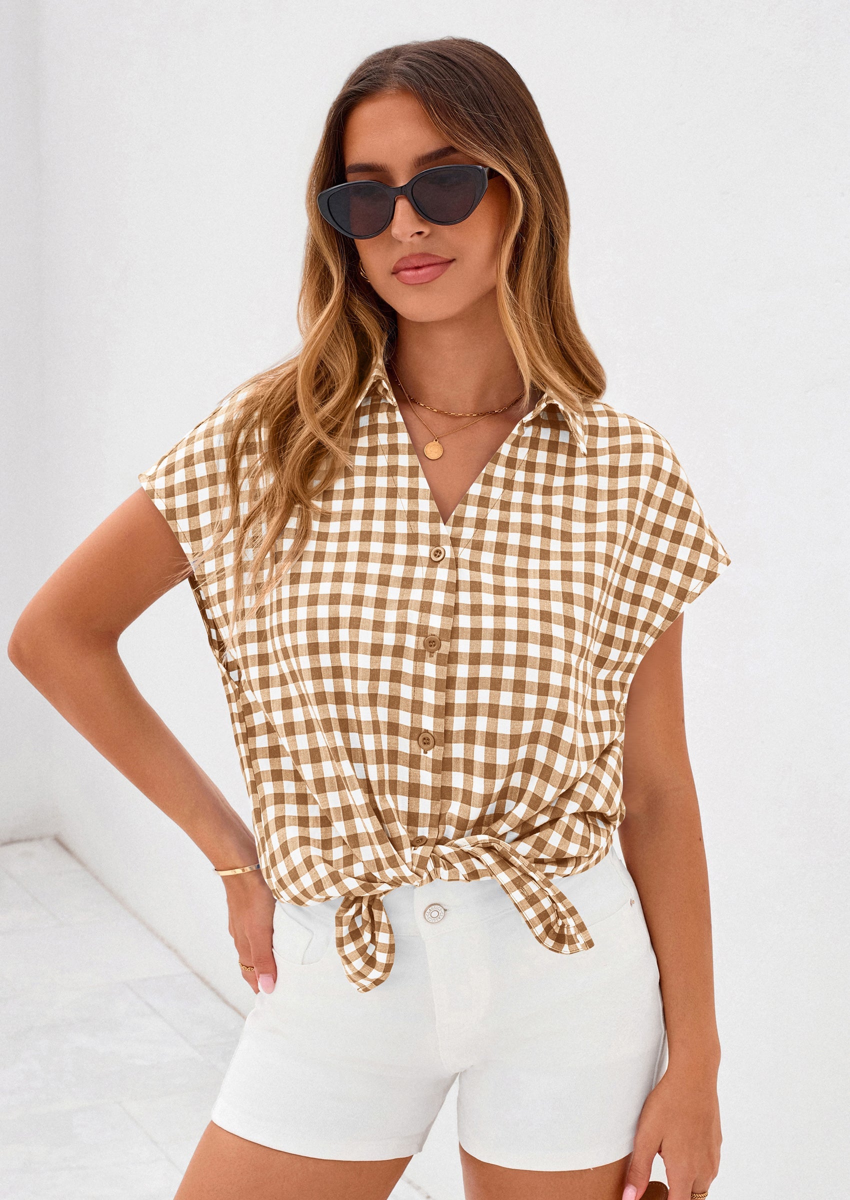 PRETTYGARDEN Womens Button Dwon Shirts V Neck Short Cap Sleeve Collared Plaid Tops Summer Spring Casual Blouses Clothes PRETTYGARDEN
