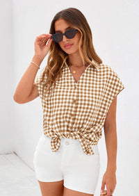 PRETTYGARDEN Womens Button Dwon Shirts V Neck Short Cap Sleeve Collared Plaid Tops Summer Spring Casual Blouses Clothes PRETTYGARDEN