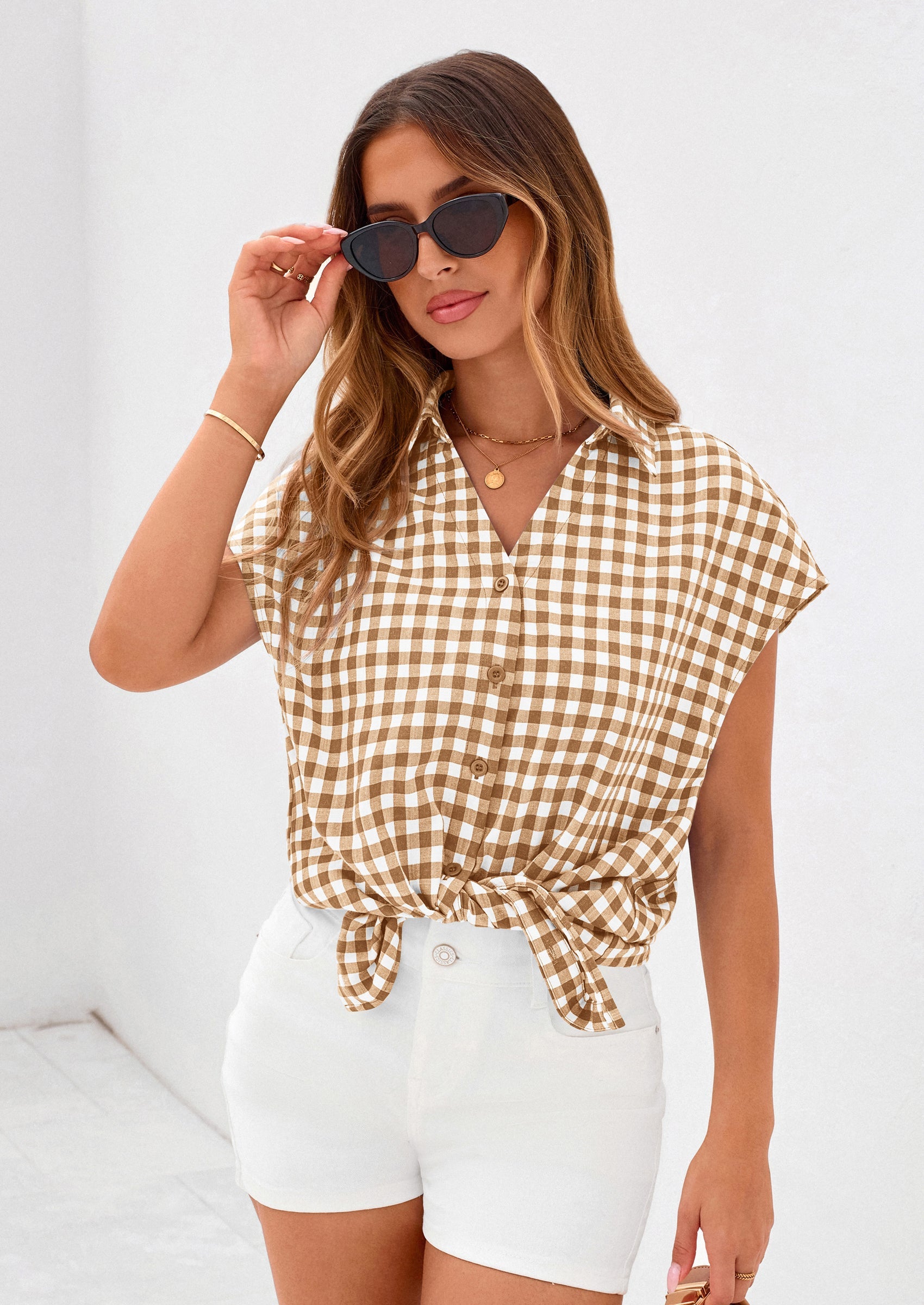 PRETTYGARDEN Womens Button Dwon Shirts V Neck Short Cap Sleeve Collared Plaid Tops Summer Spring Casual Blouses Clothes PRETTYGARDEN