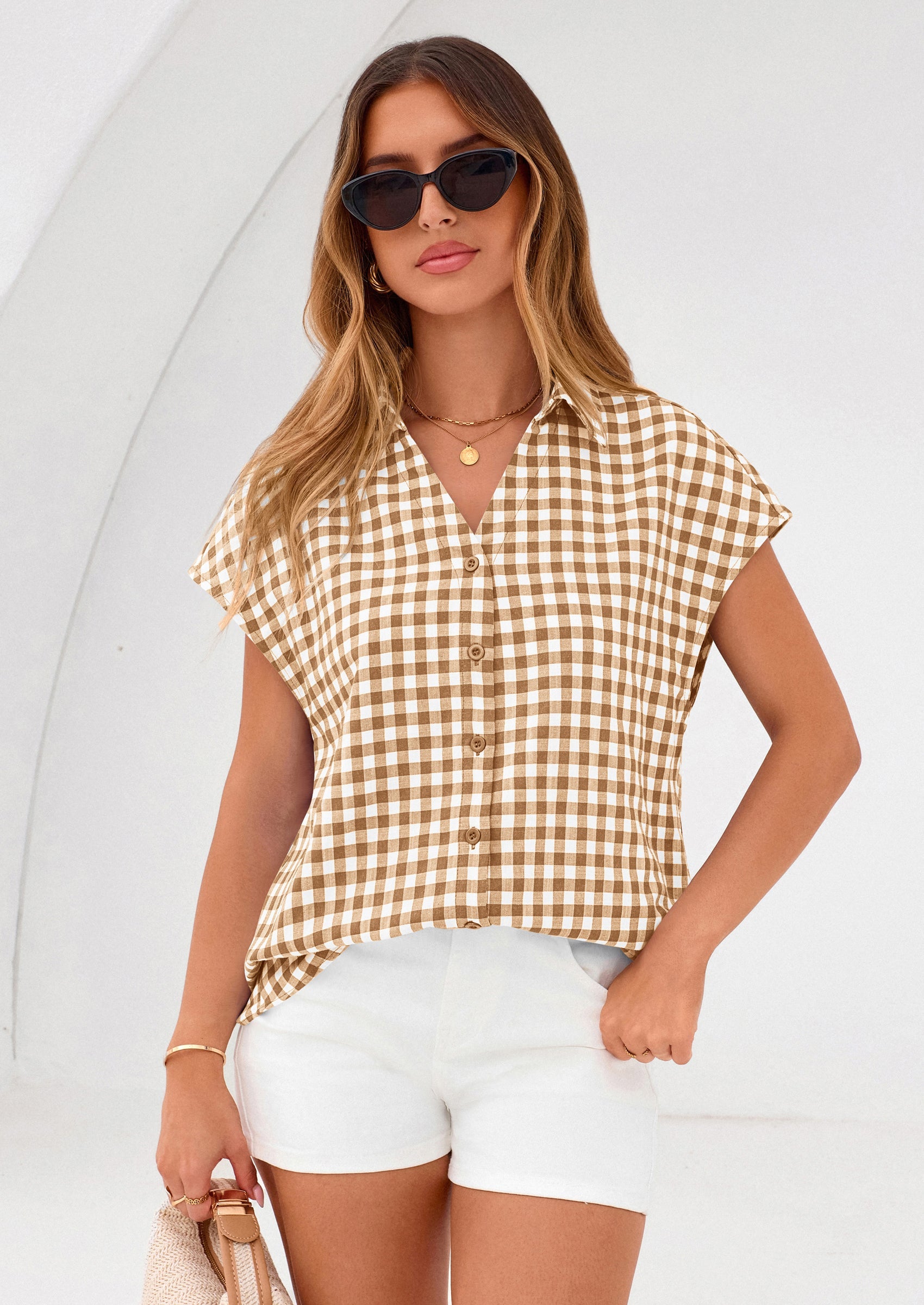 PRETTYGARDEN Womens Button Dwon Shirts V Neck Short Cap Sleeve Collared Plaid Tops Summer Spring Casual Blouses Clothes PRETTYGARDEN