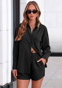PRETTYGARDEN Women's Summer 2 Piece Matching Lounge Sets Pajamas Long Sleeve Shirts Blouse Pockets Shorts Spring Outfits