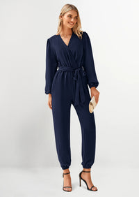 PRETTYGARDEN Women's Fall Jumpsuits Dressy Casual Pants Romper Spring Long Sleeve V Neck Belt Pockets One Piece Outfits