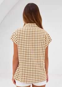 PRETTYGARDEN Womens Button Dwon Shirts V Neck Short Cap Sleeve Collared Plaid Tops Summer Spring Casual Blouses Clothes PRETTYGARDEN