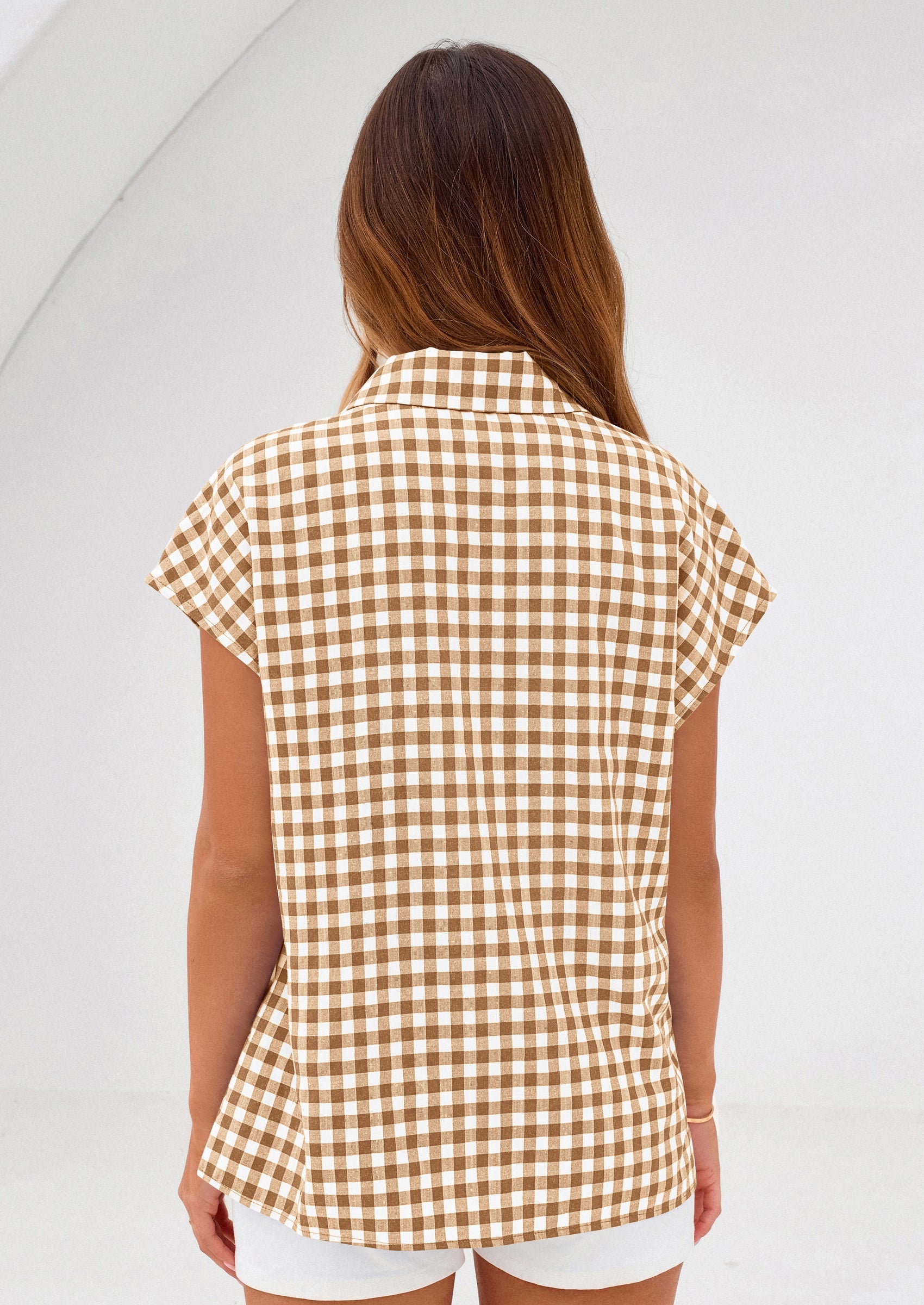 PRETTYGARDEN Womens Button Dwon Shirts V Neck Short Cap Sleeve Collared Plaid Tops Summer Spring Casual Blouses Clothes PRETTYGARDEN