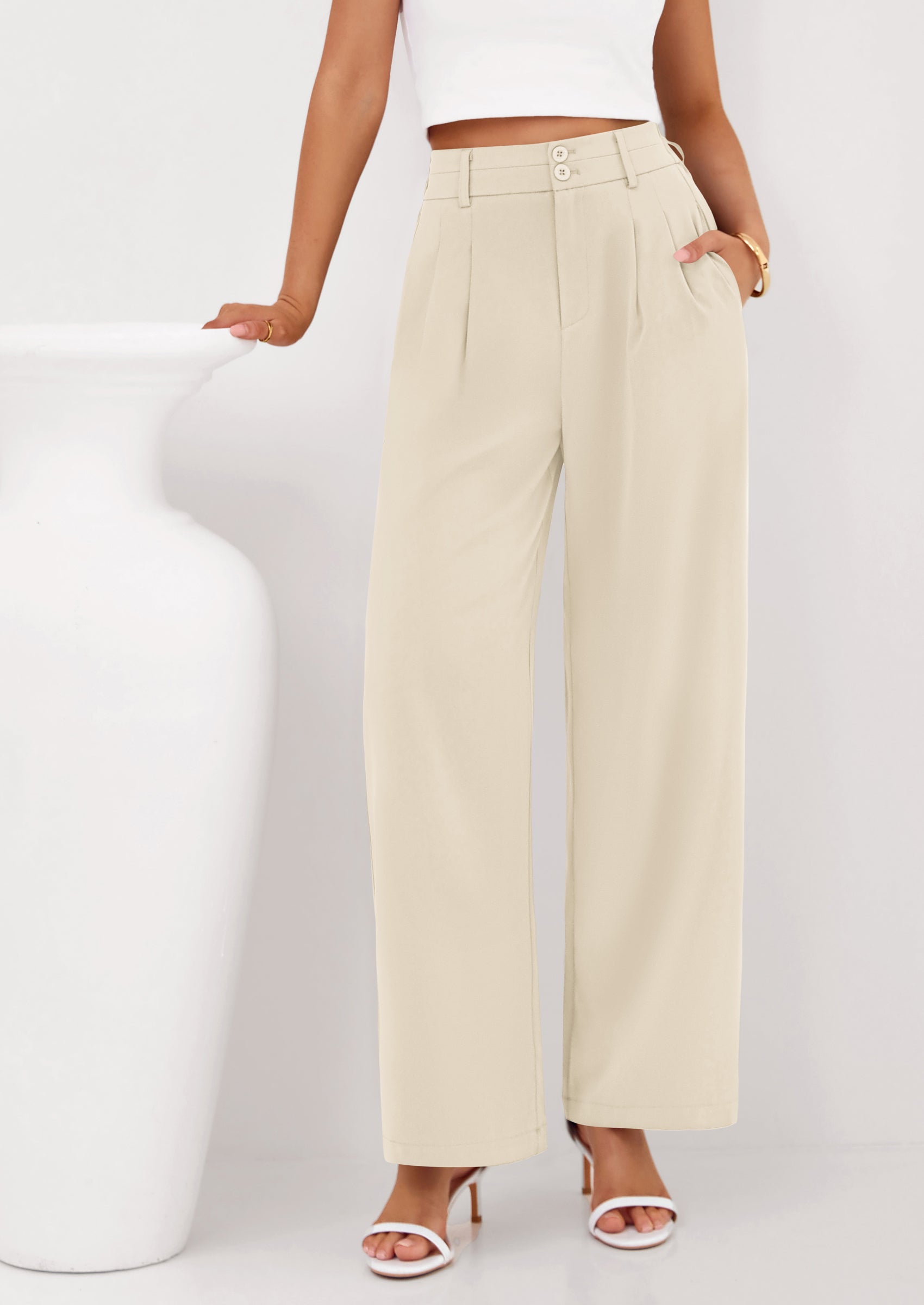 PRETTYGARDEN Womens Spring Wide Leg Palazzo Pants Trendy Loose Button High Waist Pleated Work Business Casual Trousers PRETTYGARDEN