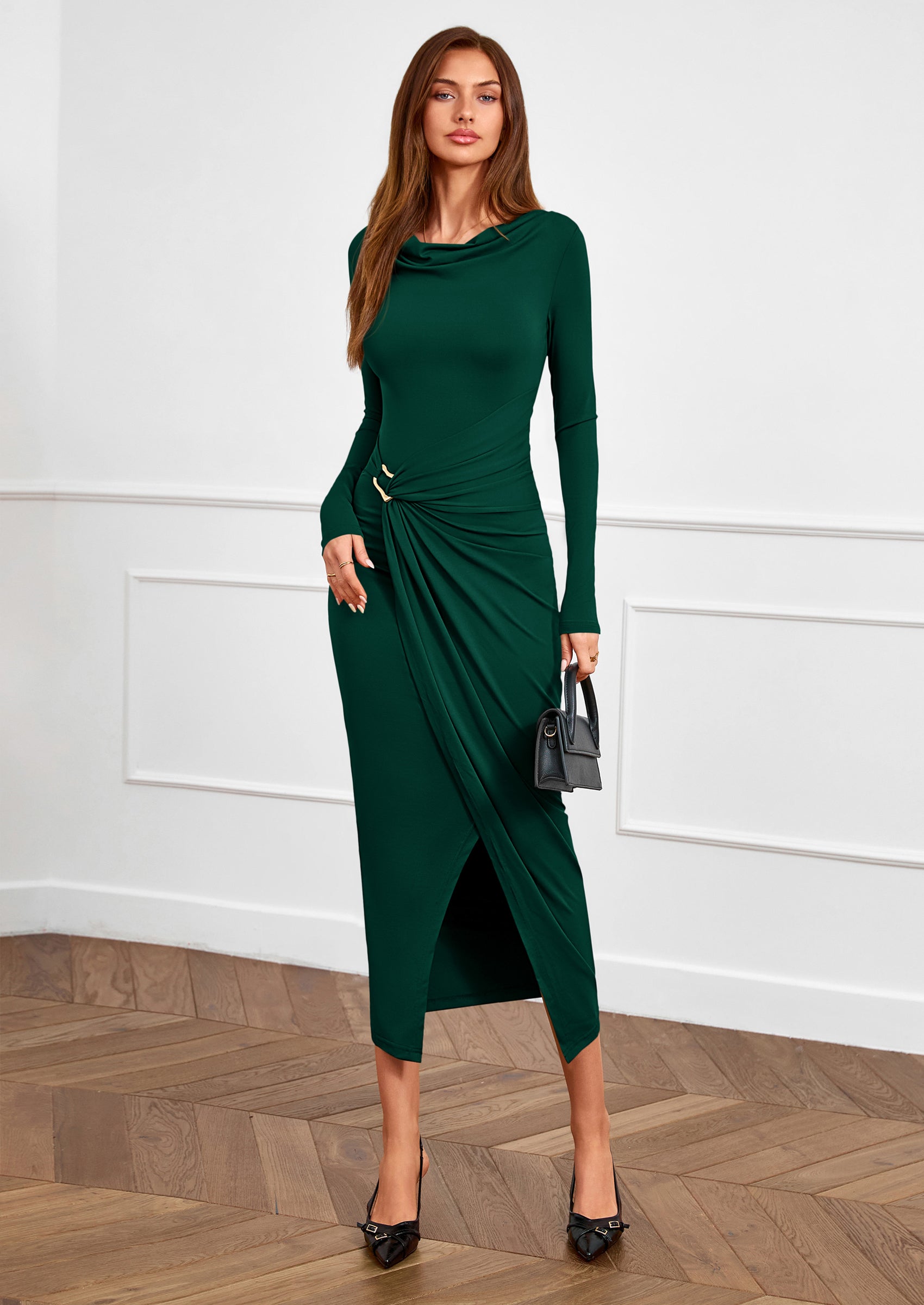 PRETTYGARDEN Women's Fall Wedding Guest Cocktail Midi Dresses Elegant Long Sleeve Bodycon Ruched Dress Fashion Clothing