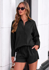 PRETTYGARDEN Women's Summer 2 Piece Matching Lounge Sets Pajamas Long Sleeve Shirts Blouse Pockets Shorts Spring Outfits