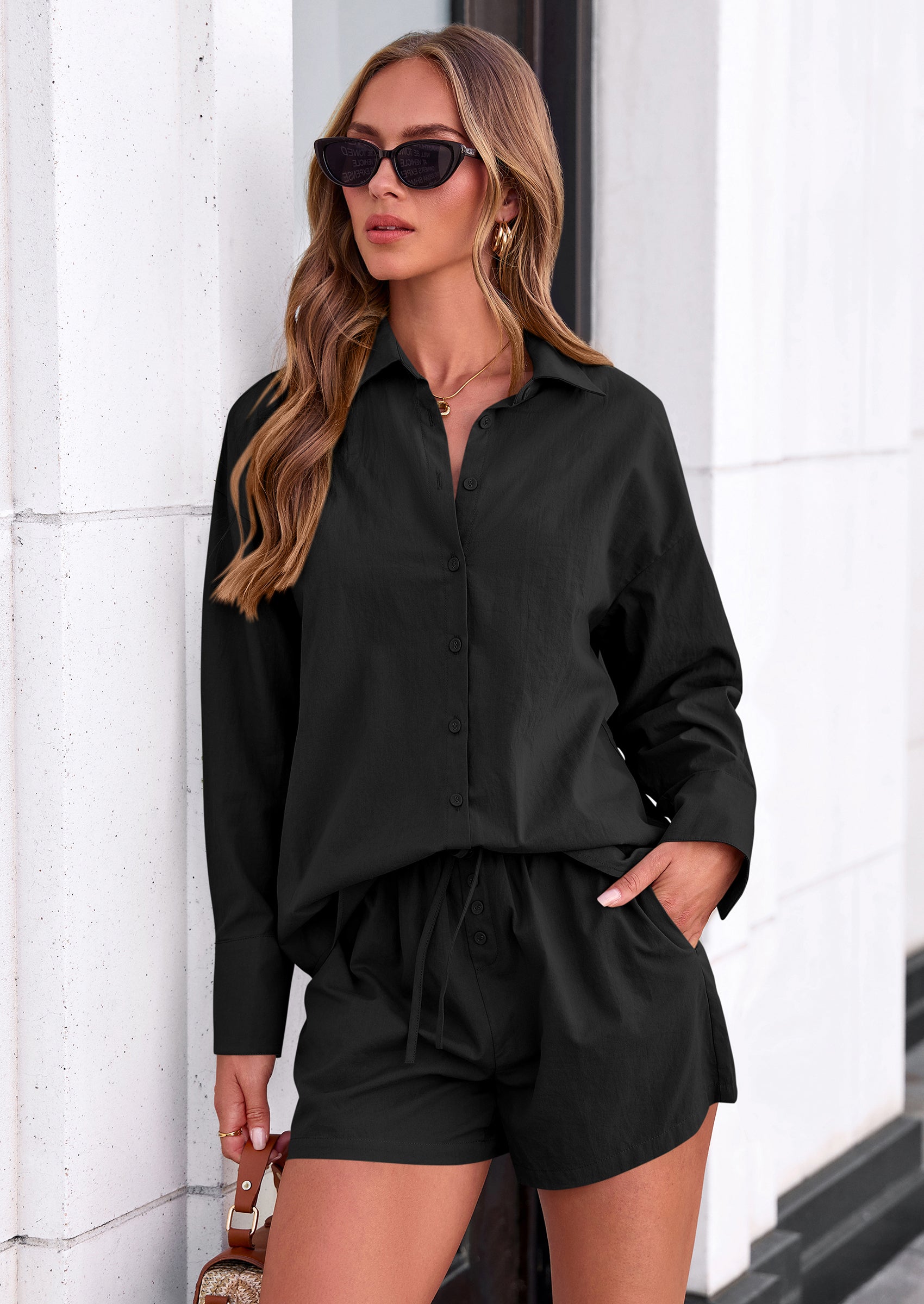 PRETTYGARDEN Women's Summer 2 Piece Matching Lounge Sets Pajamas Long Sleeve Shirts Blouse Pockets Shorts Spring Outfits