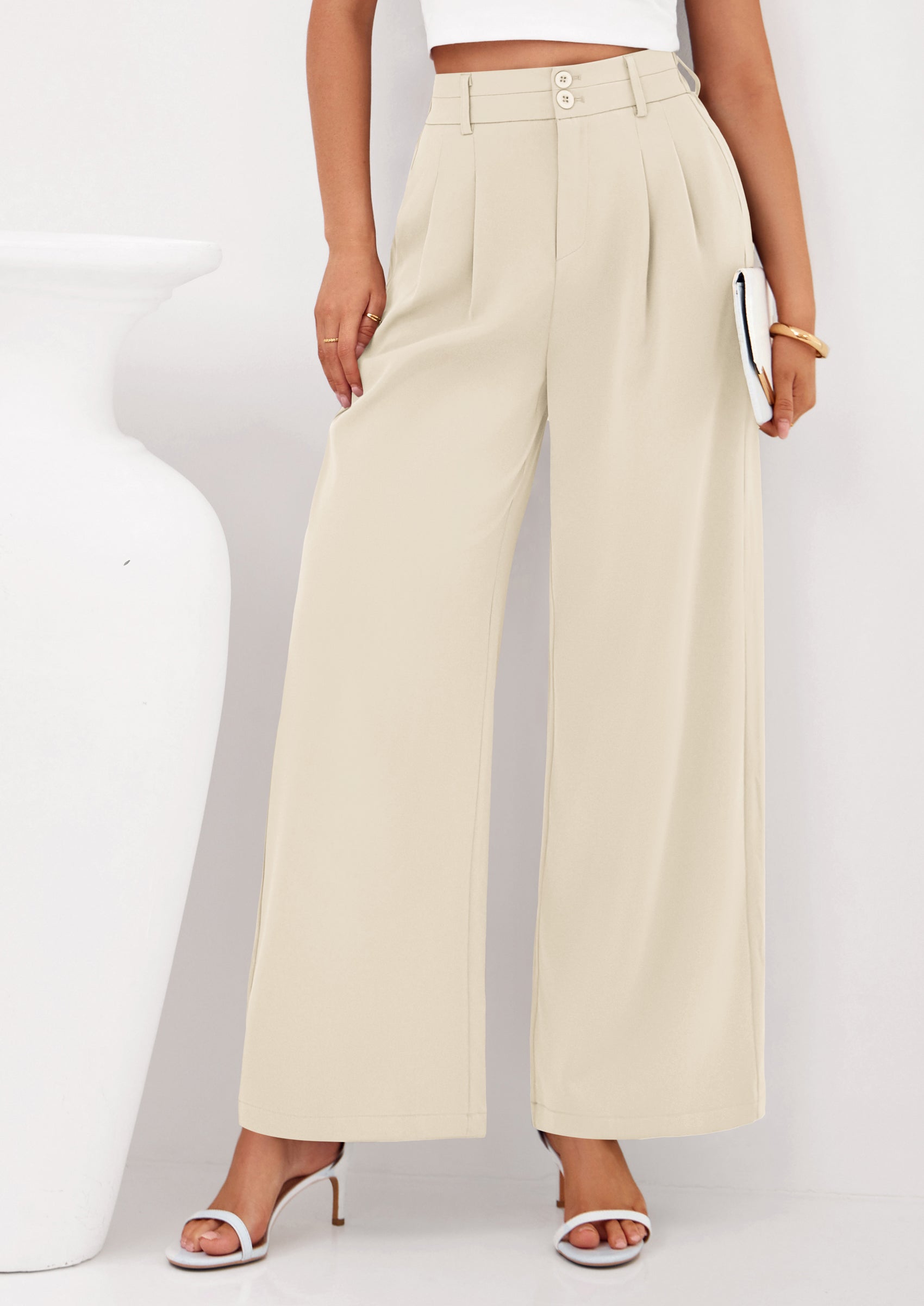 PRETTYGARDEN Womens Spring Wide Leg Palazzo Pants Trendy Loose Button High Waist Pleated Work Business Casual Trousers PRETTYGARDEN