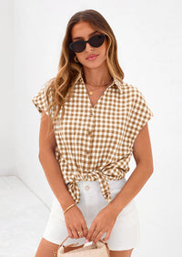 PRETTYGARDEN Womens Button Dwon Shirts V Neck Short Cap Sleeve Collared Plaid Tops Summer Spring Casual Blouses Clothes PRETTYGARDEN