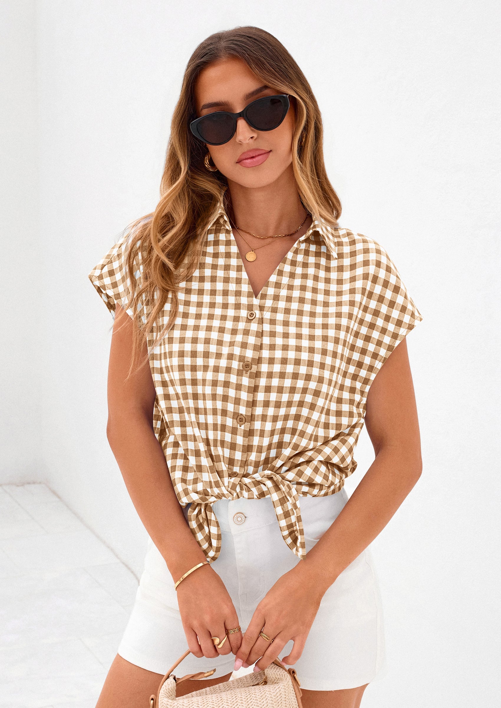 PRETTYGARDEN Womens Button Dwon Shirts V Neck Short Cap Sleeve Collared Plaid Tops Summer Spring Casual Blouses Clothes PRETTYGARDEN