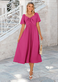 PRETTYGARDEN Summer Dress for Women Casual Short Sleeve Bow Tie V Neck Ruffle Midi Flowy Dresses