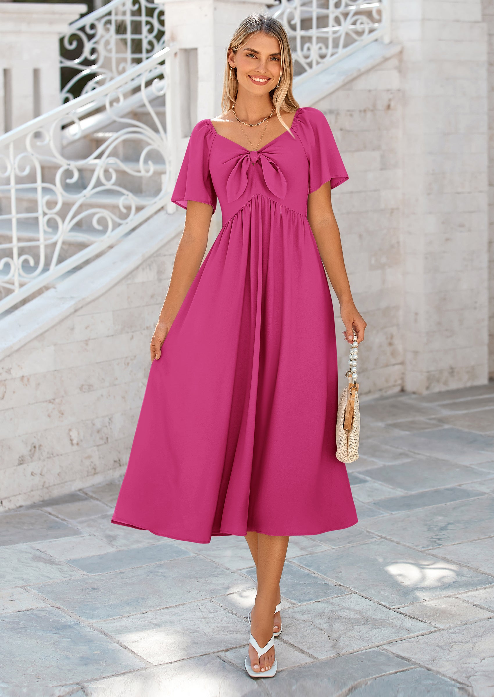 PRETTYGARDEN Summer Dress for Women Casual Short Sleeve Bow Tie V Neck Ruffle Midi Flowy Dresses