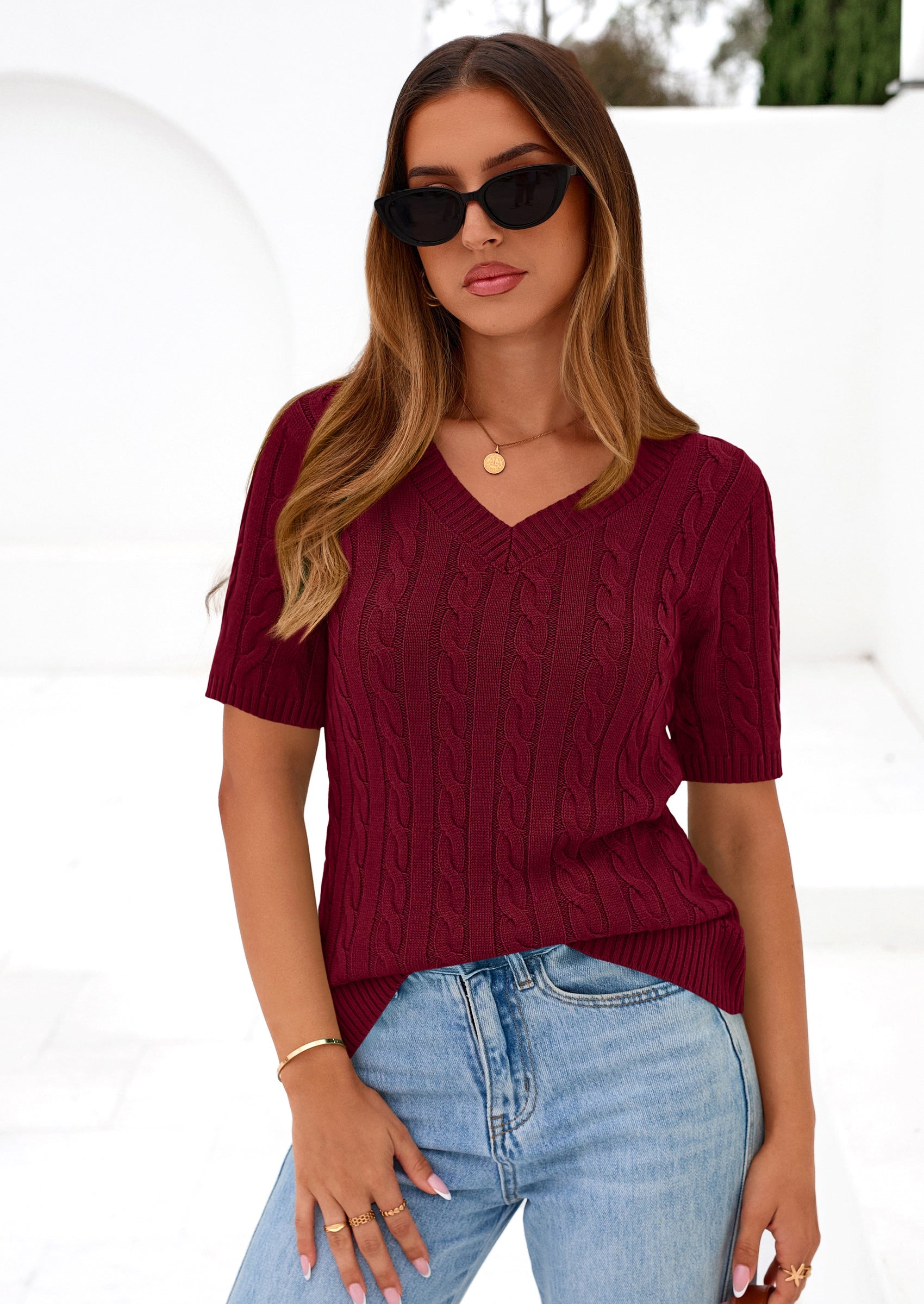 PRETTYGARDEN Womens Summer Short Sleeve Sweater Cable Knit V Neck Sweaters Shirts Fitted Work Tops Business Casual Outfits PRETTYGARDEN
