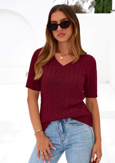 PRETTYGARDEN Womens Summer Short Sleeve Sweater Cable Knit V Neck Sweaters Shirts Fitted Work Tops Business Casual Outfits PRETTYGARDEN
