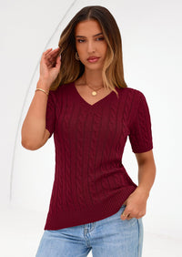 PRETTYGARDEN Womens Summer Short Sleeve Sweater Cable Knit V Neck Sweaters Shirts Fitted Work Tops Business Casual Outfits PRETTYGARDEN
