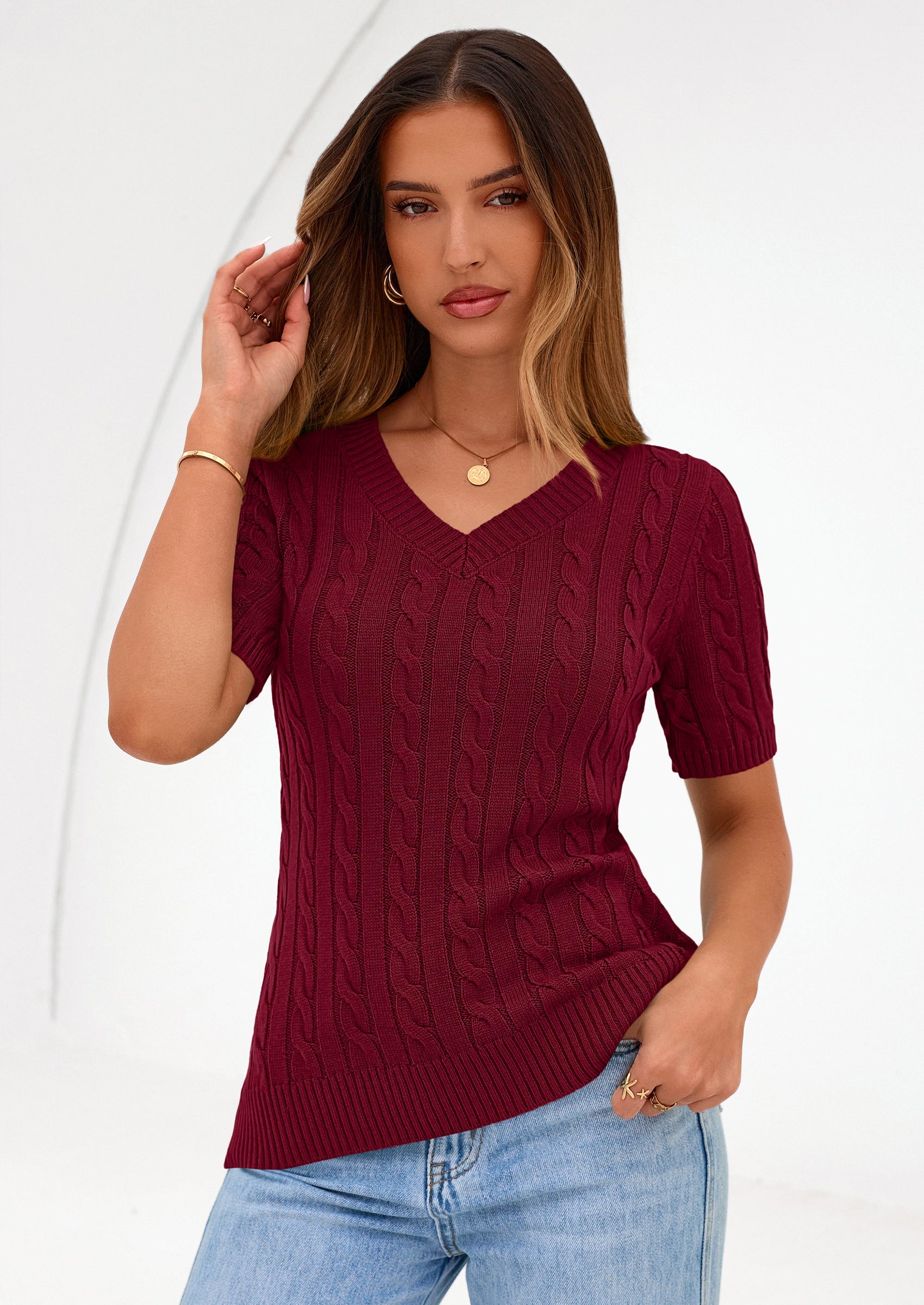 PRETTYGARDEN Womens Summer Short Sleeve Sweater Cable Knit V Neck Sweaters Shirts Fitted Work Tops Business Casual Outfits PRETTYGARDEN