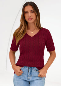 PRETTYGARDEN Womens Summer Short Sleeve Sweater Cable Knit V Neck Sweaters Shirts Fitted Work Tops Business Casual Outfits PRETTYGARDEN