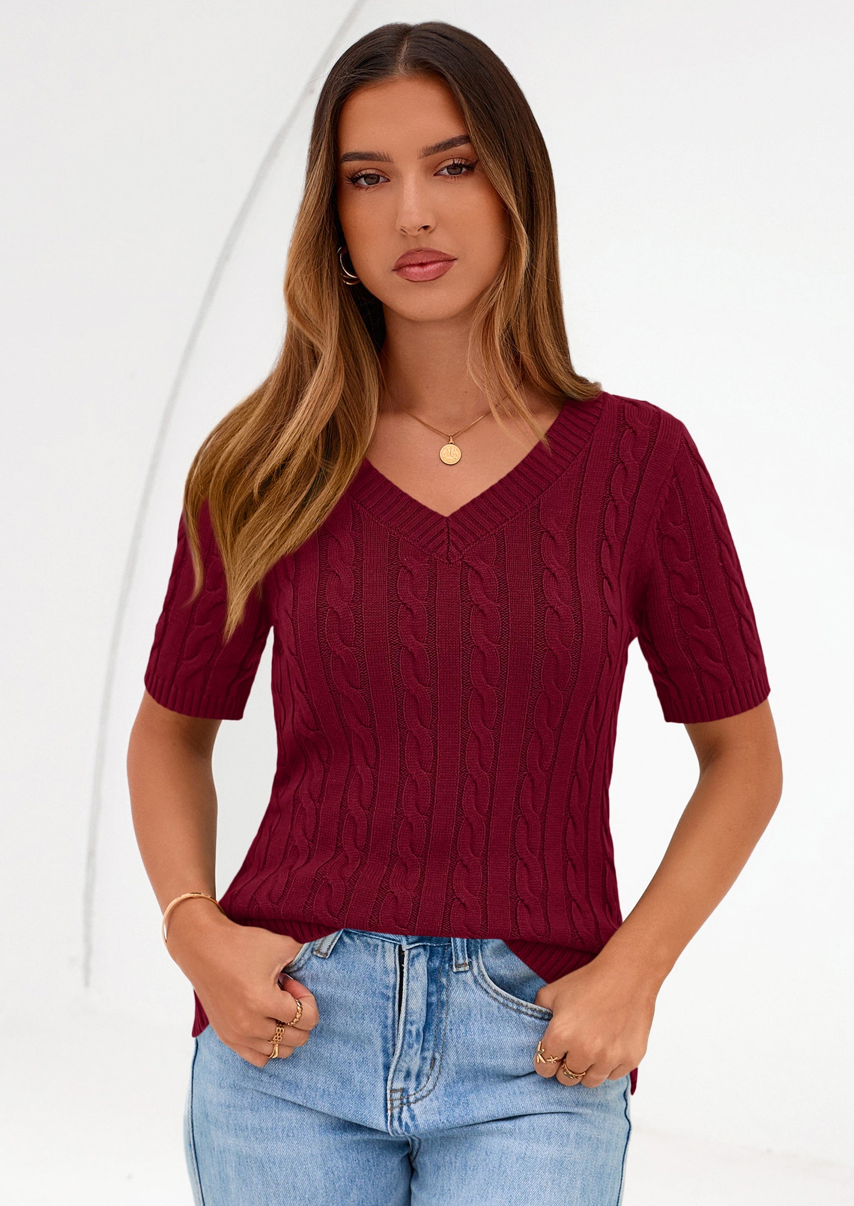 PRETTYGARDEN Womens Summer Short Sleeve Sweater Cable Knit V Neck Sweaters Shirts Fitted Work Tops Business Casual Outfits PRETTYGARDEN