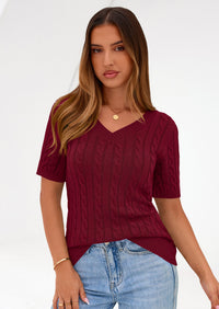 PRETTYGARDEN Womens Summer Short Sleeve Sweater Cable Knit V Neck Sweaters Shirts Fitted Work Tops Business Casual Outfits PRETTYGARDEN