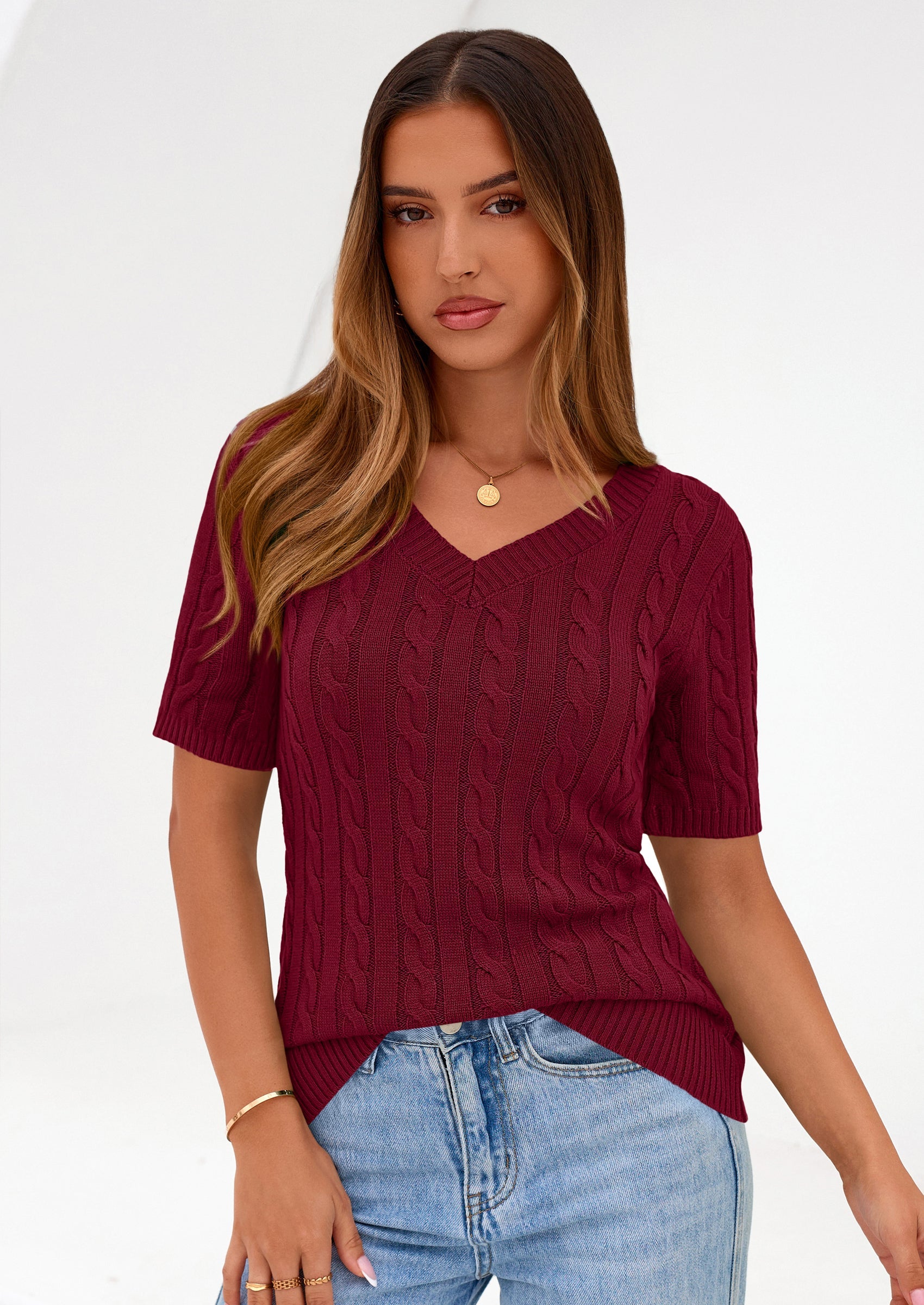 PRETTYGARDEN Womens Summer Short Sleeve Sweater Cable Knit V Neck Sweaters Shirts Fitted Work Tops Business Casual Outfits PRETTYGARDEN