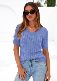 PRETTYGARDEN Womens Summer Short Sleeve Sweater Cable Knit V Neck Sweaters Shirts Fitted Work Tops Business Casual Outfits PRETTYGARDEN