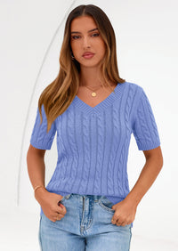PRETTYGARDEN Womens Summer Short Sleeve Sweater Cable Knit V Neck Sweaters Shirts Fitted Work Tops Business Casual Outfits PRETTYGARDEN