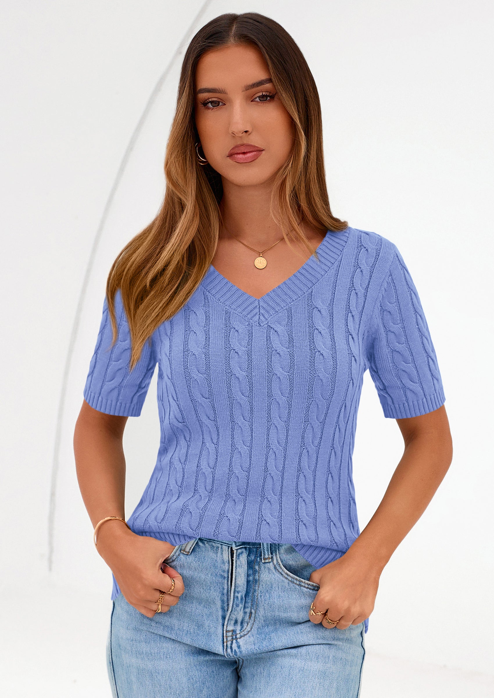 PRETTYGARDEN Womens Summer Short Sleeve Sweater Cable Knit V Neck Sweaters Shirts Fitted Work Tops Business Casual Outfits PRETTYGARDEN