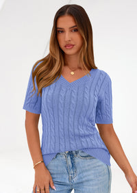 PRETTYGARDEN Womens Summer Short Sleeve Sweater Cable Knit V Neck Sweaters Shirts Fitted Work Tops Business Casual Outfits PRETTYGARDEN