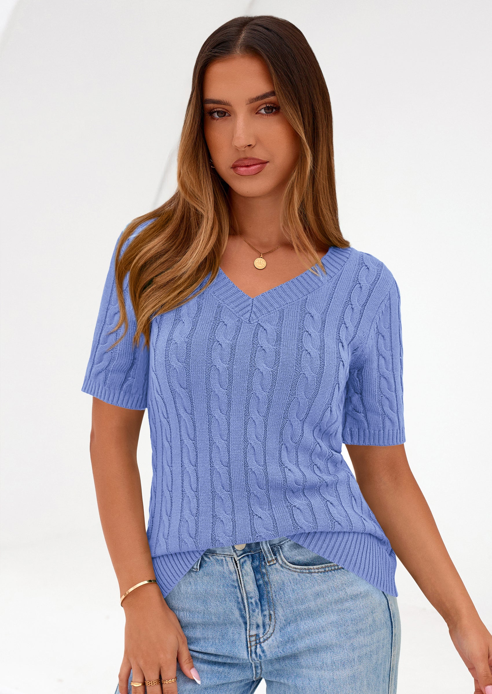 PRETTYGARDEN Womens Summer Short Sleeve Sweater Cable Knit V Neck Sweaters Shirts Fitted Work Tops Business Casual Outfits PRETTYGARDEN