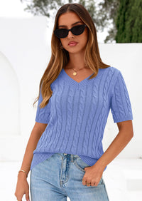 PRETTYGARDEN Womens Summer Short Sleeve Sweater Cable Knit V Neck Sweaters Shirts Fitted Work Tops Business Casual Outfits PRETTYGARDEN